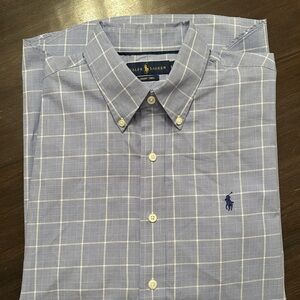 Ralph Lauren Luxury Twill Men's Light Blue Plaid Shirt - size LARGE